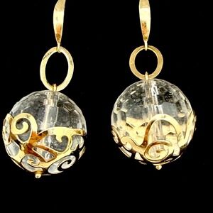 Vtg 14k‎ Gold Rock Crystal Earrings Designer Italy PV Dangle Globe Large 9 Gr
